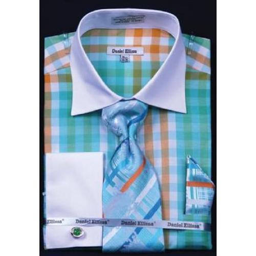 Daniel Ellissa Mint Checker Pattern Shirt / Tie / Hanky Set With Free Cufflinks DS3773P2
